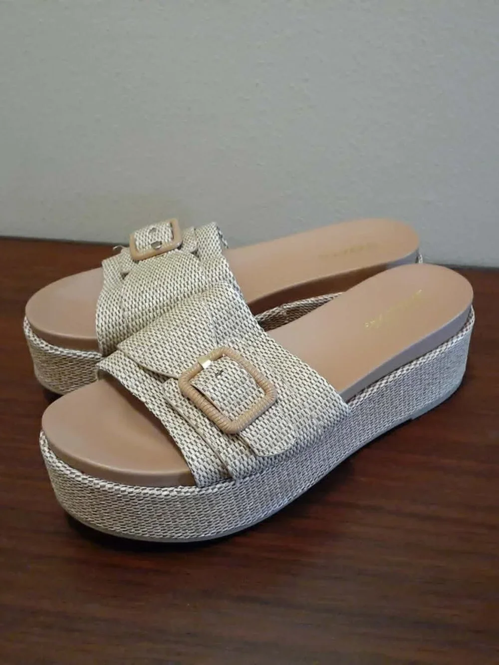 SODA Raffia Slide Platform Tan Sandals
